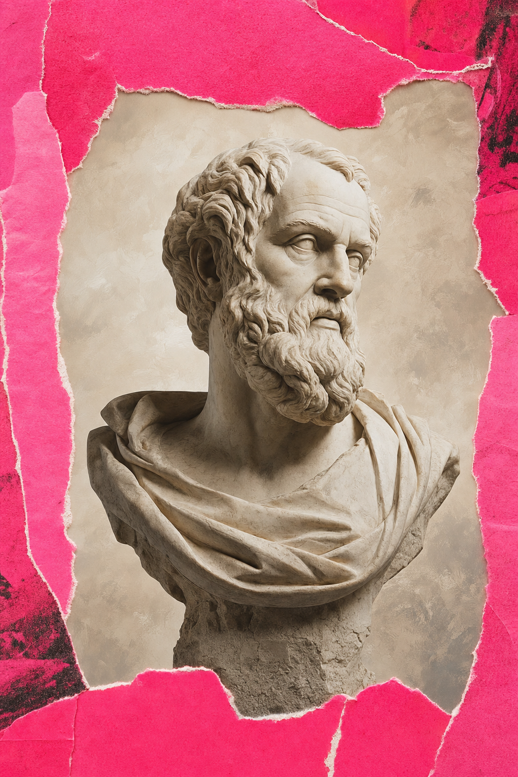 Busto clássico com moldura pink hot como colagem editorial