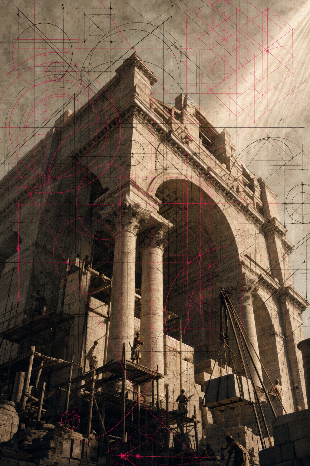 Construção romana monumental sendo erguida, com linhas arquitetônicas em preto e rosa neon sobrepostas em traçado técnico